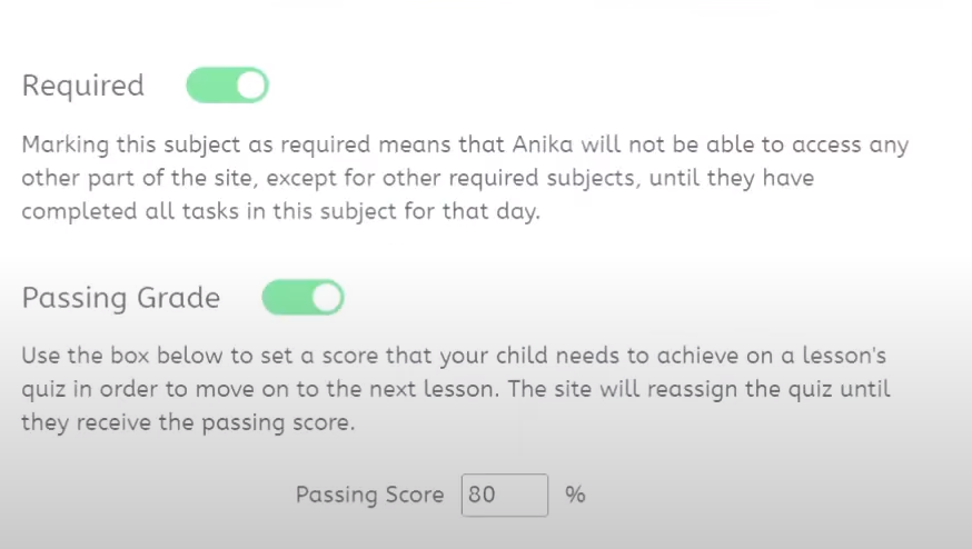 screenshot of course requirements configuration in miacademy parental account