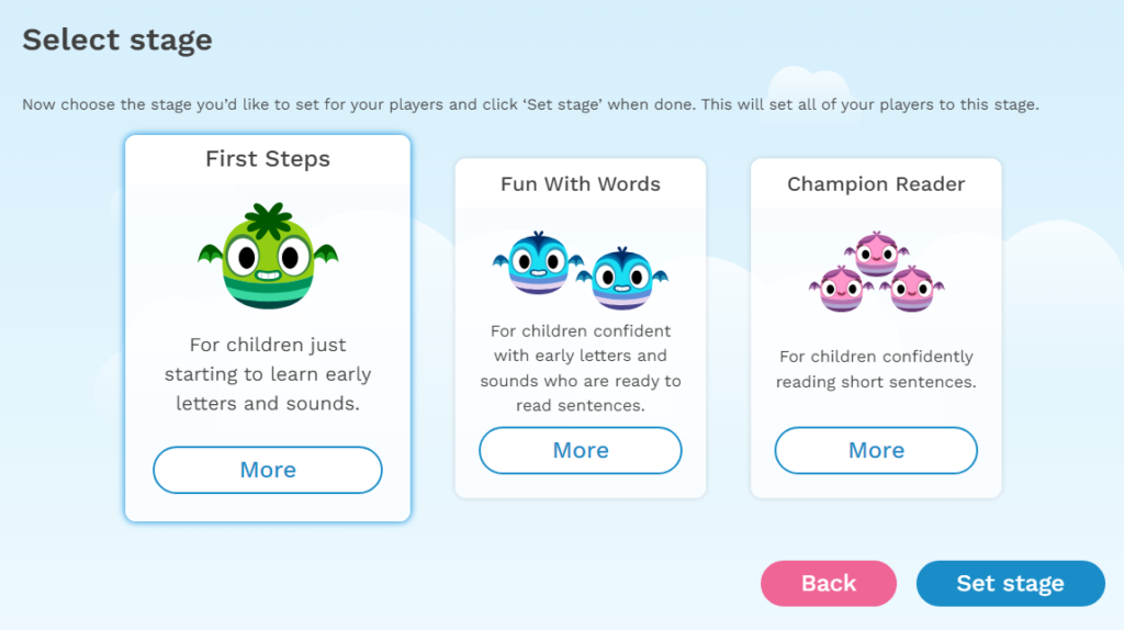 screenshot of stage select options in teach your monster to read