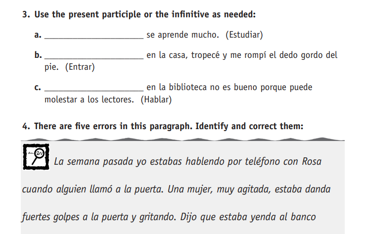 screenshot of spanish language exercises found in breaking the barrier print workbook