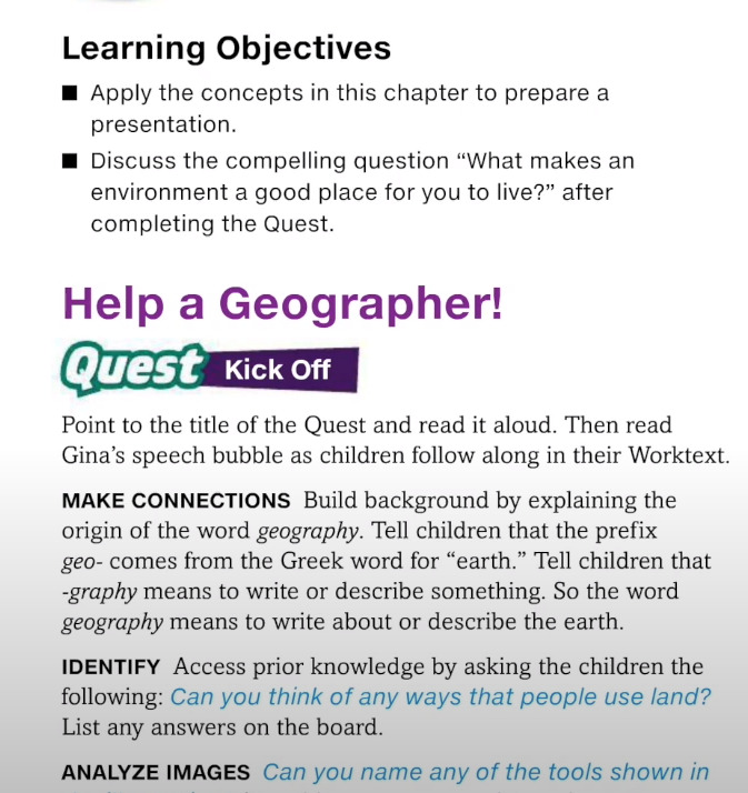 screeshot of directions and help offered in teacher's guide in myworld interactive social studies