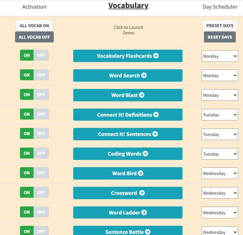 screenshot from vocabclass teachers page showing ability to turn activities on or off and customize learning