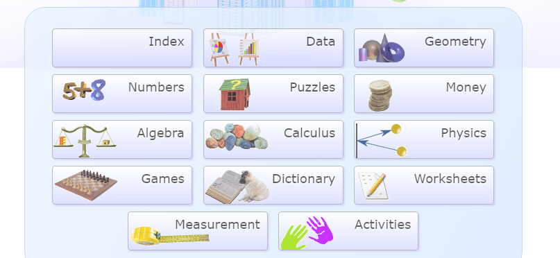 screenshot showing navigation buttons found on main page of math is fun website