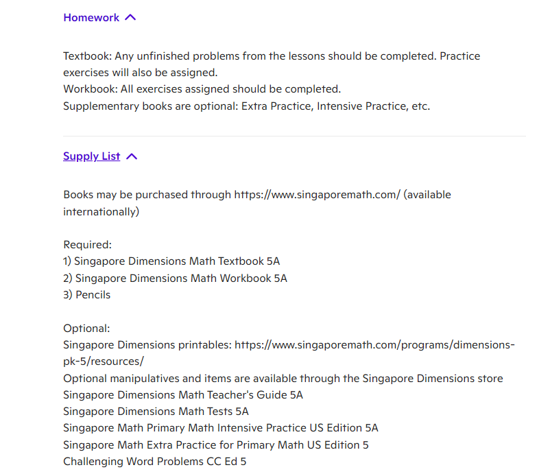 screenshot showing course requirements and details for outschool math class