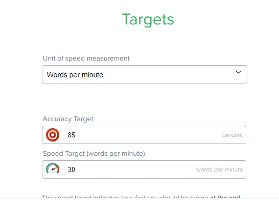 screenshot showing ability to set goals in my typing pal