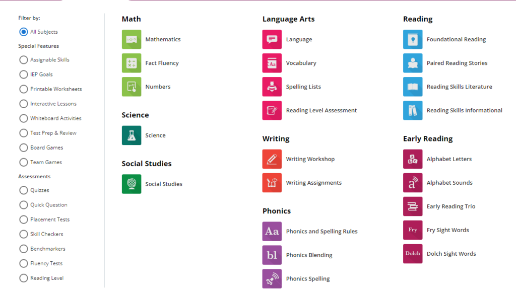 screenshot of mobymax curriculum tab and subjects taught available for parents