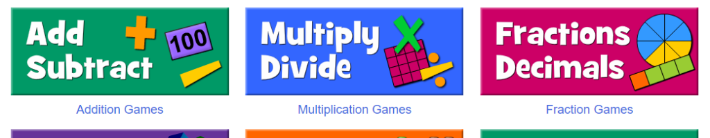 screenshot showing ability to navigate by math concept on math playground website