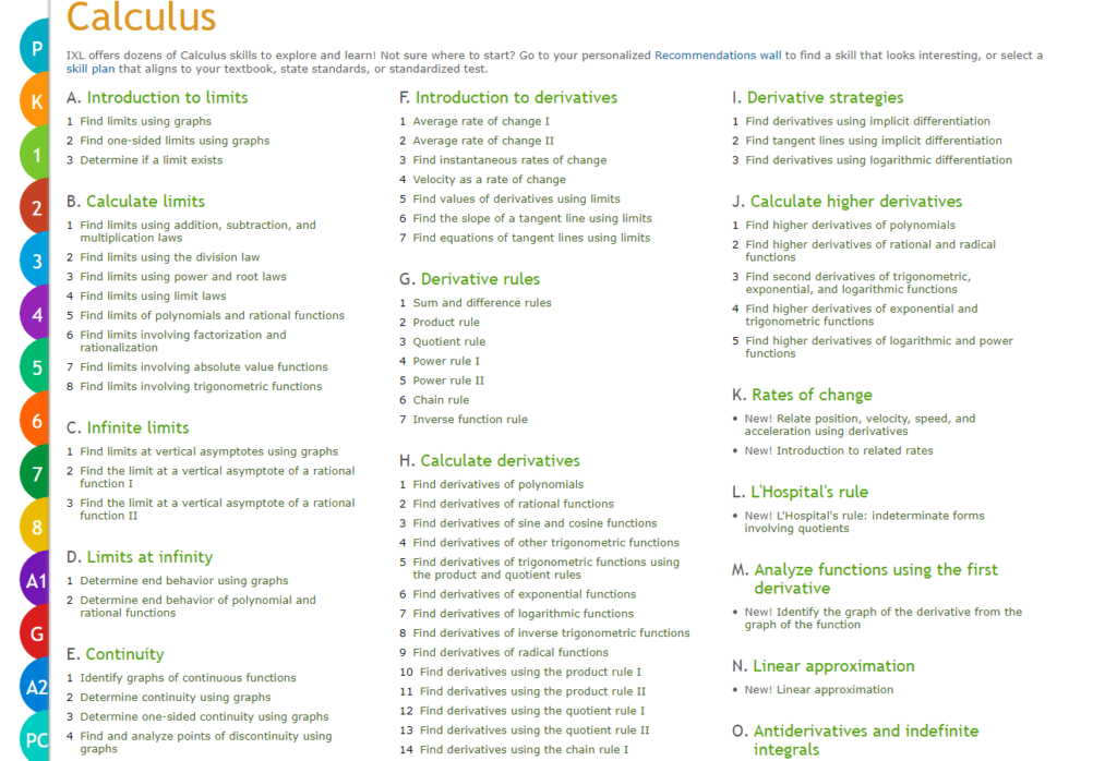 screenshot of calculus coverage in ixl showing full k-12 range of study
