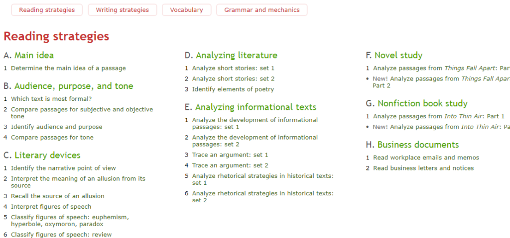 screenshot showing ixl breaking subjects and topics down into specific skills