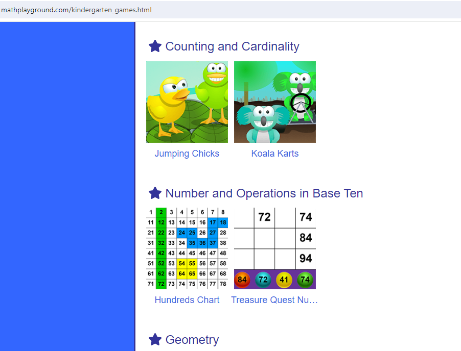 screenshot showing kindergarten page standards aligned layout and organization on math playgrounds