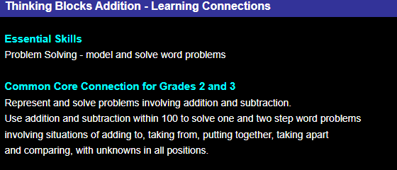 screenshot showing learning connections and standards alignment for a math playgrounds game